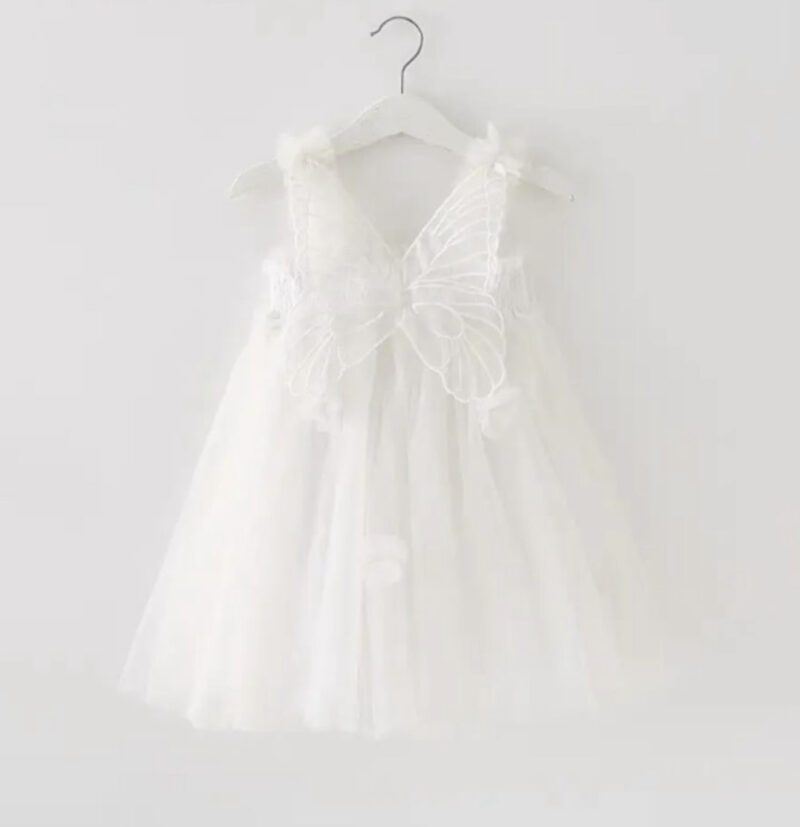 Petityu doğumgünü elbisesi askılı beyaz kelebek kanat sırt detaylı - Petityu
