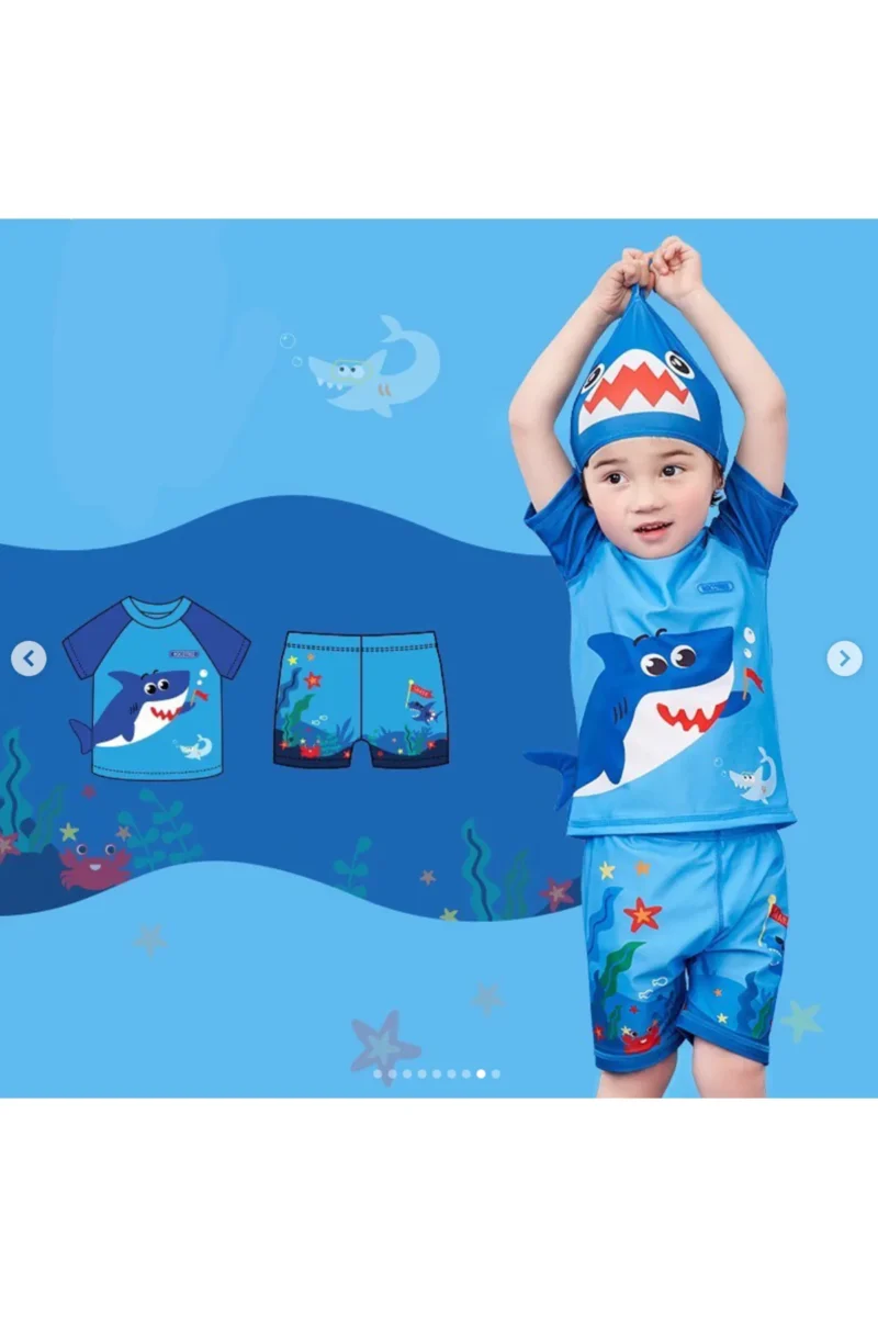 Petityu UPF50+ Güneş Korumalı Erkek Çocuk Mayo Köpekbalığı Desenli Şort + Mayo T-shirt + Şapka 3'lü Set - Petityu