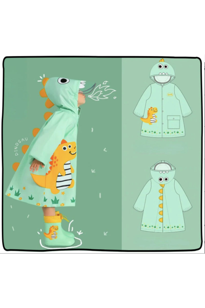 Dino Mint Raincoat - Dino Dinazor Su yesili turuncu dinazor yağmurluk 2-4 YAŞ SMALL - Petityu