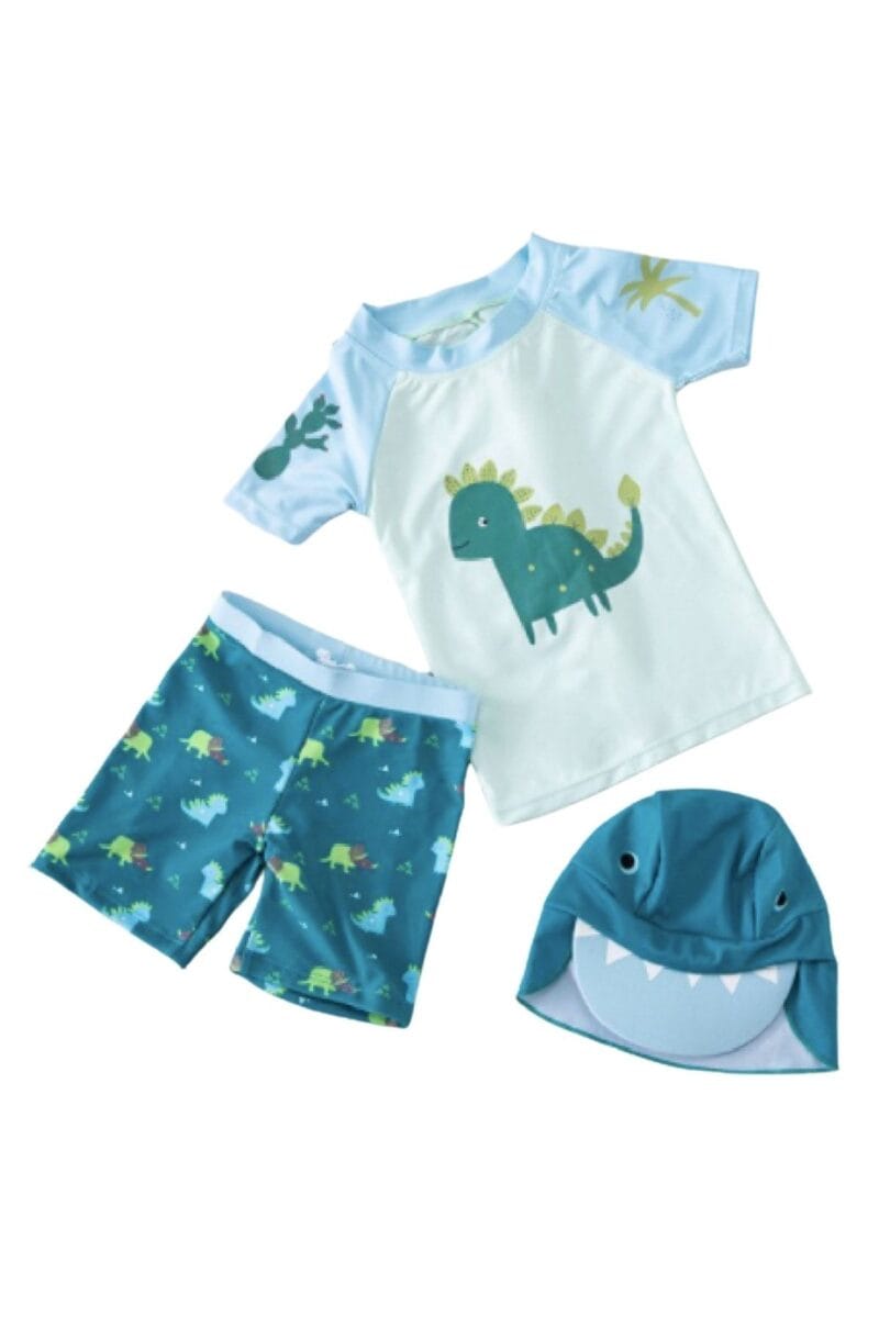 Erkek Bebek 3'lu Set- Upf 50 + Güneş Korumali Sort Mayo + Tshirt 'u + Sapka Seti Cute Dıno - Petityu