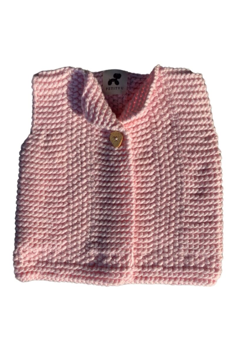 Knittedbygranma El Yapimi Pamuk Orgu Hirka Yelek- Pembe - Petityu