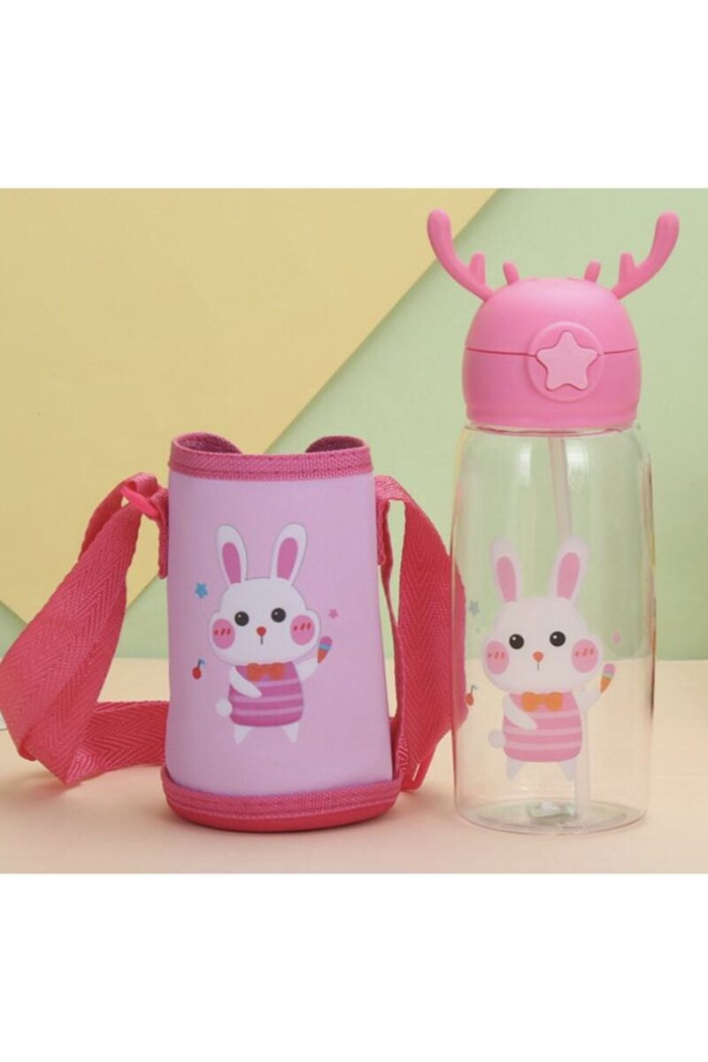 Pembe Kulaklı Taşıma Çantalı Bunny Baskılı Suluk Matara 500 ml - Petityu