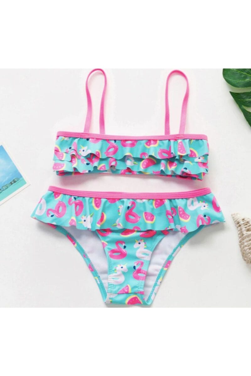 Unicorn Flamingo Simit Pembe Mint Yesili Firfirli Bikini - Petityu