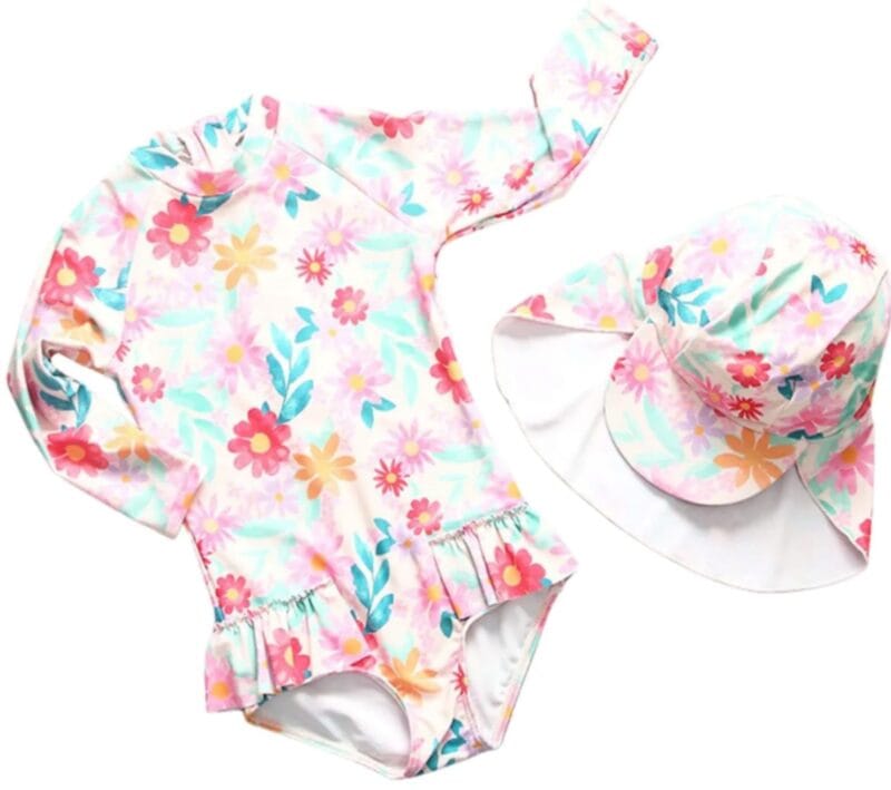 Petityu UPF50+ Şapkalı Güneş Korumalı Uzun Kollu Kız Çocuk Pembe Mayo Şapka Set - Petityu