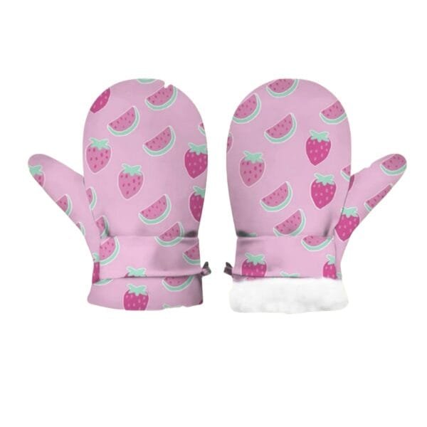 Petityu Çilek Karpuz Desenli İçi Pufudik Sıcak Tutan Yumuşacık Pembe Eldiven