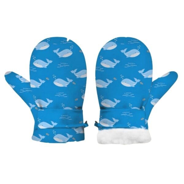 Petityu Balina Desenli Mavi İçi Pufudik Sıcak Tutan Yumuşacık Eldiven