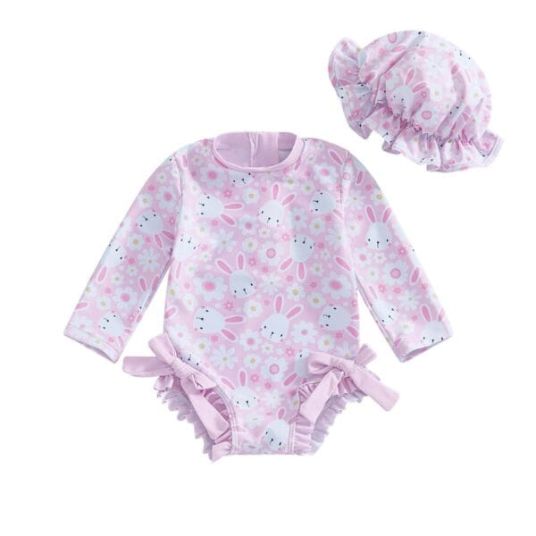 Petityu Güneş Korumalı Bunnies In Town Tavşan Papatya Daisy Pembe Kız Çocuk Aşırı Şirin Şapkalı Mayo