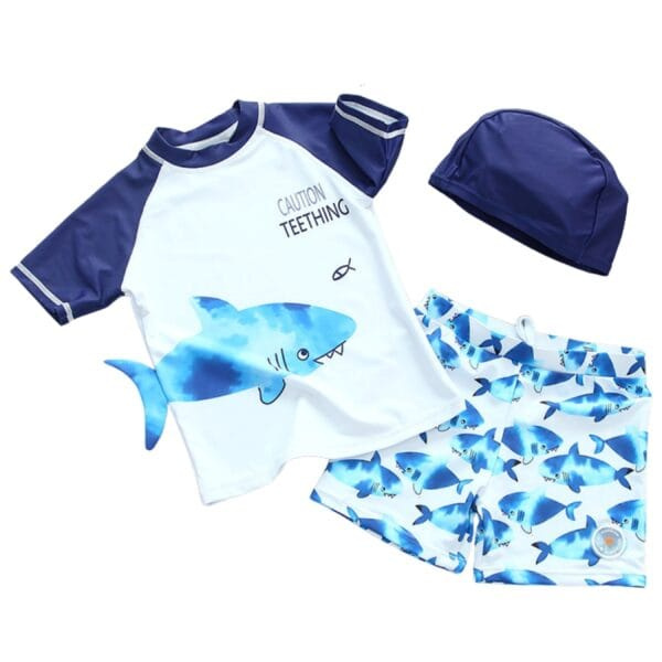 Petityu UPF50+ Güneş Korumalı Beyaz Laci Mavi Shark 3’lü Set Kısa Laci Kol Caution Teething Yazılı