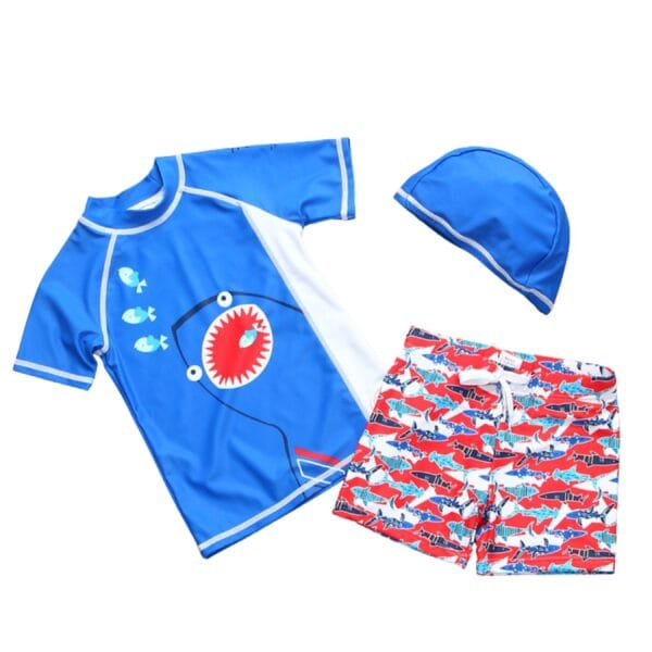 Petityu UP50+ Mavi Beyaz Kırmızı Shark Köpekbalığı Desen Kırmızı Şort 3’lü T-shirt Şapka Mayo Set