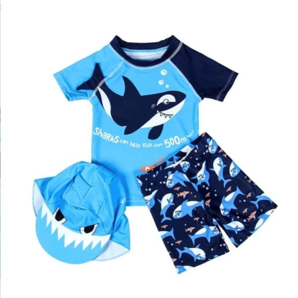 Petityu UP50+ Güneş Korumalı Tek Kol Lacivert Shark Kısa Kol Erkek Çocuk Mayo T-shirt Şapka Set