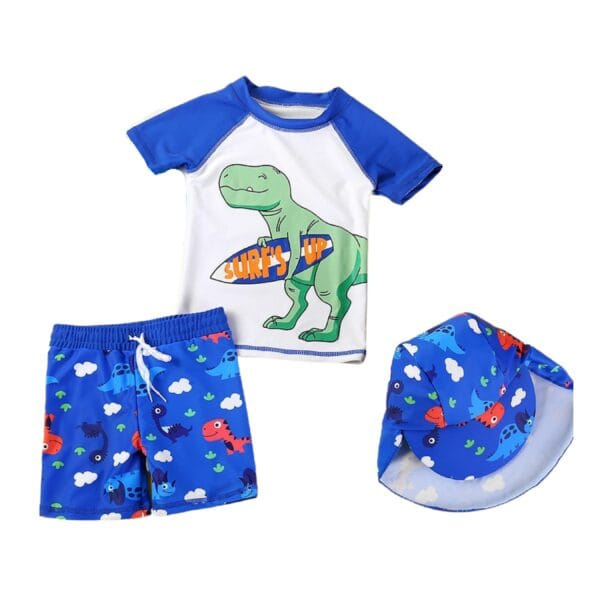 Petityu UPF50+ Mavi Beyaz Surf's Up Surfer Dino Dinazor 3'lu Set Mayo