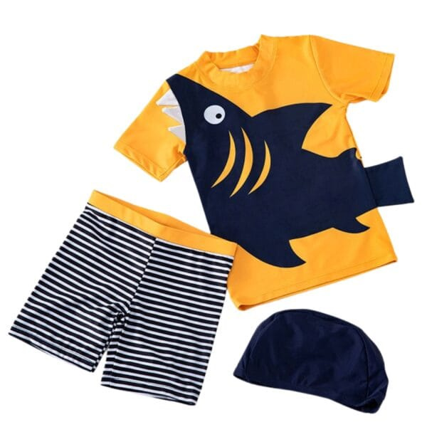 Petityu UPF50+ Turuncu Laci Köpekbalığı Şortu Çizgili Kısa Kol T-shirt Şort Mayo Şapka Set