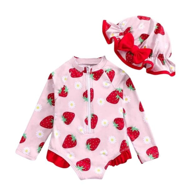 Petityu Aşırı Şirin UPF Güneş Korumalı Kırmızı Biyeli Çilek Desenli Şapkası Kırmızı Fiyonklu Pembe Uzun Kollu Mayo Set