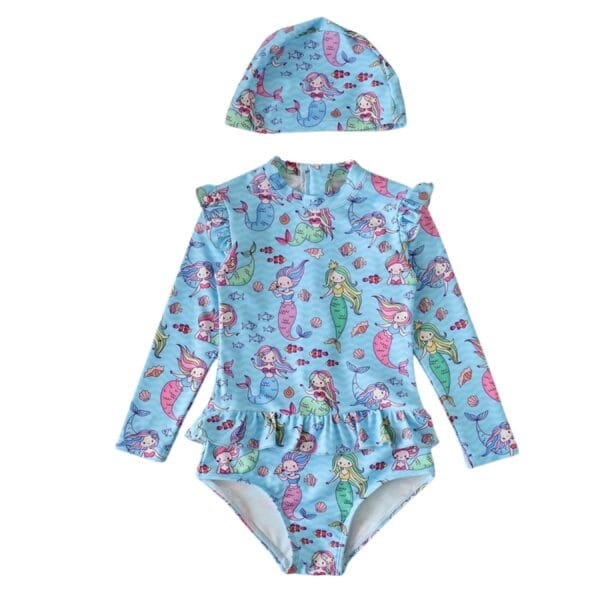 Petityu UPF50+ Omuz Fırfır Detaylı Mermaid Aşırı Şirin Denizkızı Mayo Bone Set