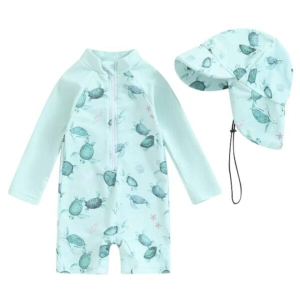 Petityu Güneş Korumalı Uzun Kollu Caretta Caretta Su Yeşili Şapka Mayo Set