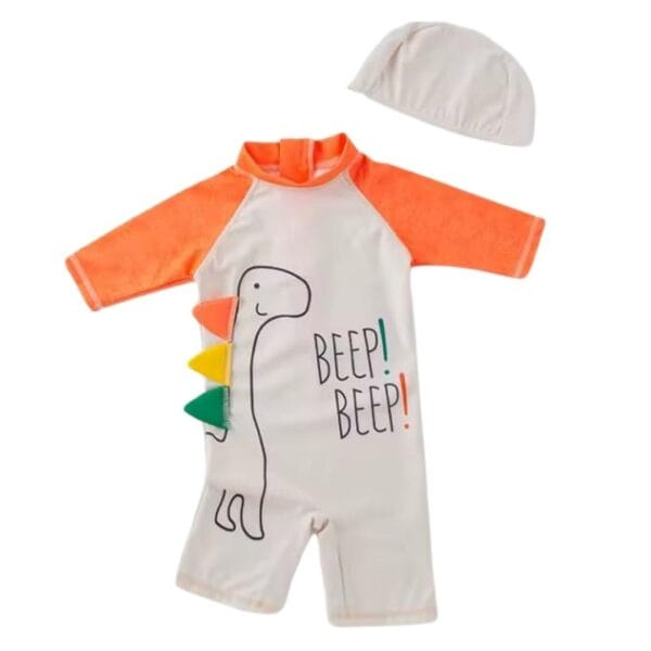 Petityu Güneş Korumalı BEEP Dinazor Desenli Boneli Erkek Çocuk Boneli Tulum Mayo Turuncu Bej