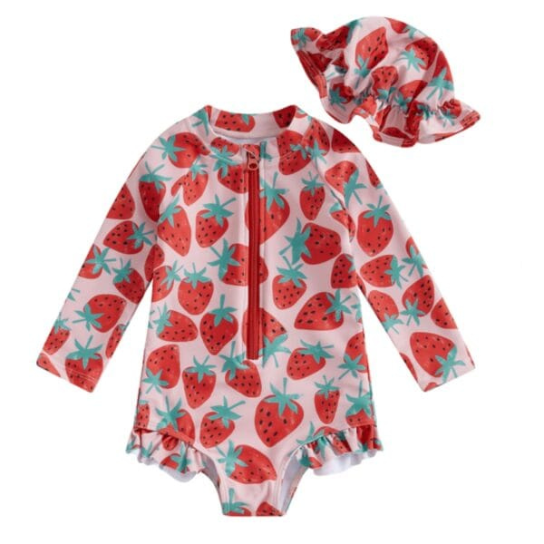 Petityu Aşırı Şirin Güneş Korumalı Çilek Kırmızı Pembe Mayo Şapka Set