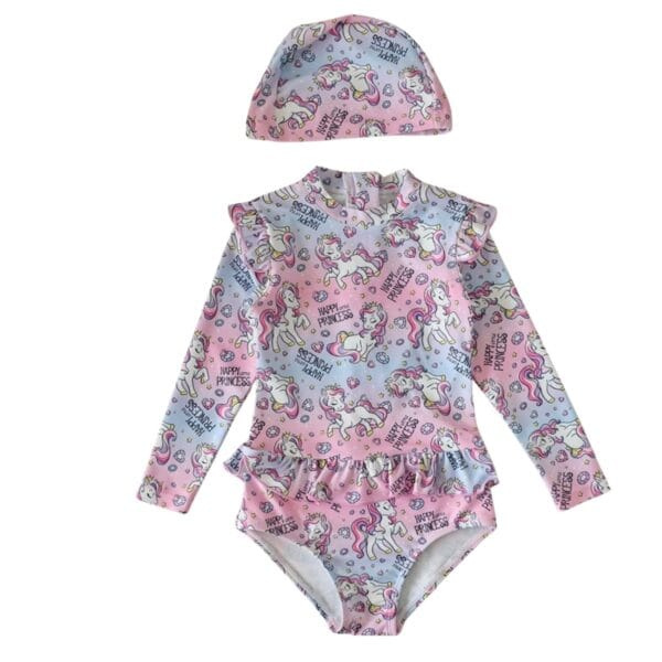Petityu UPF50+ Güneş Korumalı Unicorn Mavi Pembe Boneli Yeni Mayo Ve Bone Set