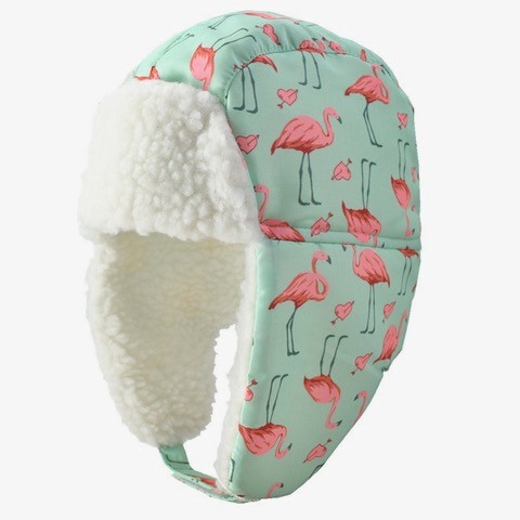 Petityu Su Geçirmez İçi Kürklü Sıcacık Kız Çocuk Bere Mint Pembe Flamingo Desenli Kayak Snowboard