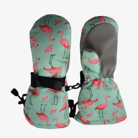 Petityu Su Geçirmez İçi Kürklü Kız Çocuk Eldiven Mint Pembe Flamingo Desenli Kayak Snowboard Eldiveni 2-4 Yaş