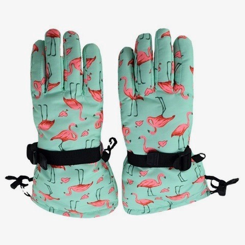 Petityu Su Geçirmez Kız Çocuk Eldiven Mint Pembe Flamingo Desenli Kayak Snowboard Eldiveni 5-10 Yaş