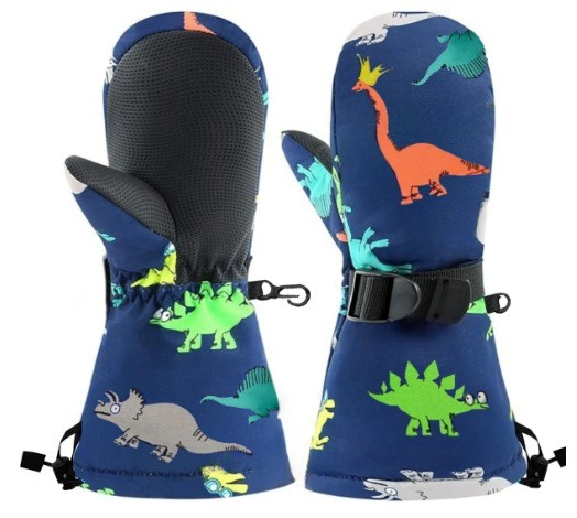 Petityu Su Geçirmez Erkek Çocuk İçi Kürklü Sıcacık Kayak Snowboard Eldiven Lacivert Üstü Renkli Dino 1-3 Yaş