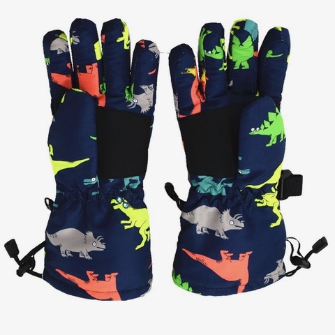 Petityu Su Geçirmez Erkek Çocuk İçi Kürklü Sıcacık Kayak Snowboard Eldiven Lacivert Üstü Renkli Dino 5-10 Yaş