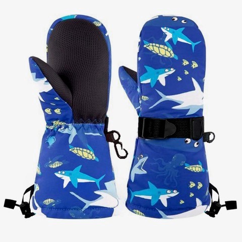 Petityu Su Geçirmez Erkek Çocuk Kar Kayak Snowboard Eldiven 2-4 Yaş Mavi Shark