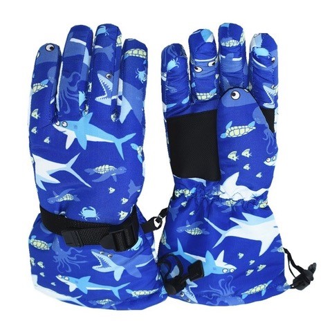 Petityu Su Geçirmez İçi Kürklü Sıcacık Tutan Erkek Çocuk Eldiven 5-10 Yaş Kayak Snowboard Eldiven Mavi Shark