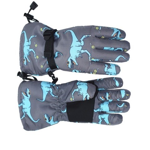 Petityu Su Geçirmez Erkek Çocuk Eldiven Kayak Snowboard Eldiven Gri Mavi Dino 6-12 Yaş