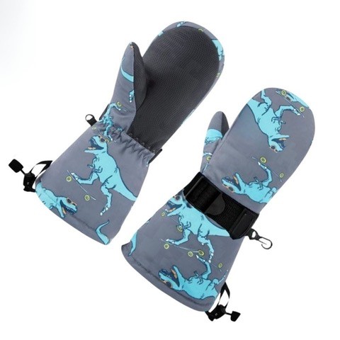 Petityu Su Geçirmez Erkek Çocuk İçi Polar Sıcak Tutan Eldiven 2-4 Yaş Kayak Snowboard Eldiven Gri Mavi Dino